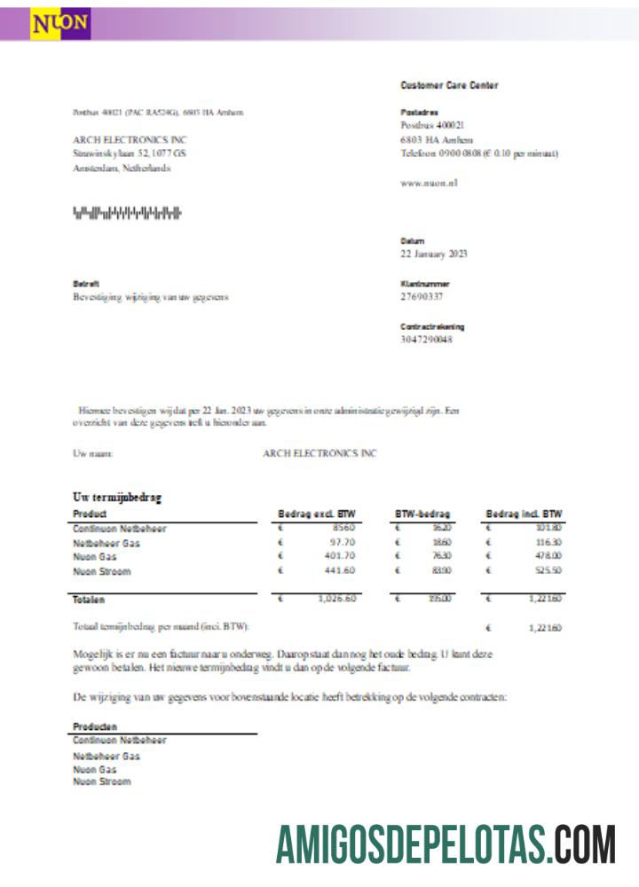 SCR da conta comercial de serviços públicos de gás NUON amostra